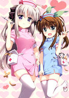 2girls 3 absurd_resolution absurdres ahoge aqua_eyes art bandaid black_bow black_eyes black_scrunchie blonde_hair blue_dress blue_eyes blue_hat blue_headwear blush bow breasts brown_hair collared_dress creature d dress dress_tug eyebrows_visible_through_hair fangs female female_focus first_aid_kit footwear fujima_takuya green_ribbon hair_between_eyes hair_bow hair_ornament hair_ribbon hair_scrunchie hair_tie hand_on_hip hand_up hat headwear heart heart_background high_resolution highres holding holding_syringe huracan_(vivid_strike!) large_breasts looking_at_viewer lyrical_nanoha mahou_shoujo_lyrical_nanoha mary_janes mature medium_breasts multiple_females nurse_cap official_art open_mouth patterned_background pink_dress pink_hat pink_headwear platinum_blonde platinum_blonde_hair ponytail purple_eyes questionable raised_leg red_stripes ribbon rinne_berlinetta safe sankaku_channel scan scrunchie shiny shiny_clothes shiny_skin shoes short_dress silver_hair simple_background single_stripe skindentation small_breasts smile standing standing_on_one_leg striped_bow striped_pattern syringe tagme thigh-highs thighs tied_hair very_high_resolution vivid_strike! white_background white_footwear white_legwear white_stripes yande.re zettai_ryouiki // 2878x4092 // 1.4MB