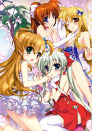 10s 4_females art einhart_stratos fate_testarossa female fujima_takuya heterochromia lipstick lyrical_nanoha mahou_shoujo_lyrical_nanoha mahou_shoujo_lyrical_nanoha_vivid makeup multiple_females official_art takamachi_nanoha vivio yuri // 846x1200 // 984.2KB