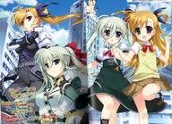 10s 2girls art blonde_hair blush building dress einhart_stratos female fujima_takuya green_hair hair_ornament hand_holding happy heterochromia high_resolution lyrical_nanoha mahou_shoujo_lyrical_nanoha mahou_shoujo_lyrical_nanoha_vivid mature multiple_females official_art scan skirt smile translation_request vivio yuri // 1638x1188 // 341.3KB