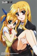 2girls art ass black_jacket black_skirt blonde_hair blue_ribbon bow bowtie brown_footwear brown_skirt comp_ace fate_testarossa female footwear green_eyes grey_background hair_ribbon heterochromia high_resolution jacket logo long_hair looking_at_viewer lyrical_nanoha mahou_shoujo_lyrical_nanoha mahou_shoujo_lyrical_nanoha_strikers mahou_shoujo_lyrical_nanoha_vivid military military_uniform mother_and_daughter multiple_females nail_polish official_art okuda_yasuhiro open_mouth ponytail red_eyes red_neckwear ribbon school_uniform shirt shoes side_ponytail simple_background skirt smile socks st._hilde_academy_of_magic_uniform sweater tied_hair uniform vivio white_legwear white_shirt yellow_neckwear yellow_sweater // 865x1280 // 311.2KB