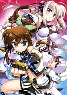 2girls absurd_resolution absurdres eyebrows_visible_through_hair female footwear fujima_takuya hair_bow hair_ornament hair_tie high_resolution highres lyrical_nanoha multiple_females pleated_skirt rinne_berlinetta scan tagme thigh-highs tied_hair very_high_resolution vivid_strike! // 2879x4092 // 1.7MB