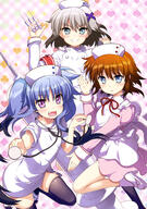 3girls absurd_resolution absurdres apron art black_legwear blue_eyes blue_hair blush breasts brown_hair clover d diamond_(symbol) dress eyes_visible_through_hair fangs female footwear frilled_apron frills fujima_takuya grin hair_between_eyes hair_ornament hair_tie hands_up hat headwear heart high_resolution highres holding holding_syringe light_blue_eyes light_brown_hair looking_at_viewer mahou_shoujo_lyrical_nanoha mahou_shoujo_lyrical_nanoha_a's mahou_shoujo_lyrical_nanoha_a's__the_gears_of_destiny mahou_shoujo_lyrical_nanoha_a's_the_gears_of_destiny mahou_shoujo_lyrical_nanoha_reflection mahou_shoujo_lyrical_nanoha_the_movie_3_reflection material-d material-l material-s mature multicolored_hair multiple_females neck_ribbon nurse_cap official_art open_mouth parted_lips pink_dress pink_eyes plaid plaid_background questionable red_ribbon ribbon safe sankaku_channel scan shiny shiny_clothes shoes short_hair side_slit silver_hair sleeve_cuffs small_breasts smile sneakers socks spade_(shape) stethoscope syringe tagme thigh-highs tied_hair twintails two_tone_hair very_high_resolution white_apron white_dress white_footwear white_frills white_hat white_headwear white_legwear white_sleeve_ends x_hair_ornament yande.re // 2877x4091 // 1.7MB
