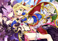 2girls absurd_resolution absurdres ahoge armor art bangs bare_shoulders black_footwear black_gloves blonde_hair blue_skirt blush boots breasts building cape choker cleavage cloud collarbone d day dress earrings elbow_gloves eyebrows_visible_through_hair female fingerless_gloves floating_swords footwear fujima_takuya garter gloves green_eyes hair_ornament hair_ornament_request hair_ribbon heels high_heels high_resolution highres horns jewelry large_breasts looking_at_viewer mature multicolored_footwear multiple_females navel official_art open_mouth outdoors purple_brooch purple_eyes questionable raised_leg revealing_clothes ribbon sankaku_channel scan shironeko_project shoes short_dress skirt sky sleeveless_outfit smile striped_choker striped_pattern sword teeth thighs tongue torn_clothes very_high_resolution weapon white_dress white_legwear winged_hair_ornament wings yande.re zettai_ryouiki // 5694x4094 // 3.3MB