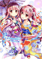 2girls absurd_resolution absurdres airborne aquarium art bag black_eyes blue_flower blue_scrunchie bow breasts collarbone copyright d female fish fish_tank floral_background floral_print flower flower_request food_print footwear fujima_takuya goldfish hair_between_eyes hair_bow hair_ornament hair_ornament_request hair_tie hand_on_another's_chest heart high_resolution highres holding holding_object index_finger_raised japanese_clothes jewelry kimono knees_together_feet_apart looking_at_viewer low_twintails multiple_females no_bra obi off_shoulder official_art open_mouth pink_flower pink_hair pink_hair_ornament pink_kimono pink_lips pinky_out print_kimono print_sash print_umbrella purple_sash red_eyes rose safe sandals sash scan scrunchie shell simple_background small_breasts smile star tied_hair tongue twintails umbrella very_high_resolution water watermelon_print white_background wrist_scrunchie yellow_flower yellow_kimono yellow_rose yellow_sclera yukata // 2876x4094 // 2.2MB