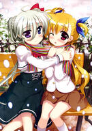 10s 2girls absurd_resolution absurdres ahoge art black_skirt blonde_hair blue_eyes blue_ribbon brown_skirt duo einhart_stratos eyebrows eyebrows_visible_through_hair female fujima_takuya green_hair hair_between_eyes hair_ornament hair_ribbon heterochromia high_resolution hug long_hair lyrical_nanoha mahou_shoujo_lyrical_nanoha mahou_shoujo_lyrical_nanoha_vivid mature multiple_females official_art one_eye_closed outdoors pleated_skirt purple_eyes red_eyes ribbon safe scan scarf school_uniform shared_scarf sitting skirt smile snow striped_neckwear striped_pattern striped_scarf tagme takamichi_vivio tied_hair tree twintails uniform very_high_resolution very_long_hair vividgarden vivio white_legwear wink yuri // 2873x4097 // 1.5MB
