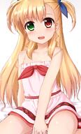 1_female bare_shoulders blonde_hair blush breasts collarbone female green_eyes long_hair lyrical_nanoha mahou_shoujo_lyrical_nanoha_vivid open_mouth red_eyes ribbon shiny simple_background sitting small_breasts smile solo tongue vivio white_background // 994x1650 // 1.1MB