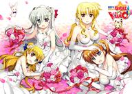 4_females art blonde_hair blush couple einhart_stratos fate_testarossa female fujima_takuya green_hair hand_holding happy heterochromia kneeling lying lyrical_nanoha mahou_shoujo_lyrical_nanoha mahou_shoujo_lyrical_nanoha_vivid marriage multiple_females official_art orange_hair purple_eyes red_eyes smile takamachi_nanoha vivio wedding wedding_dress yuri // 1280x911 // 1.5MB