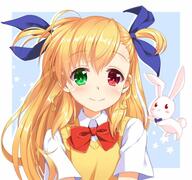 1_female blonde_hair blush blush_stickers bow bowtie female green_eyes hair_ribbon long_hair looking_at_viewer lyrical_nanoha mahou_shoujo_lyrical_nanoha mahou_shoujo_lyrical_nanoha_vivid ribbon safe shinki_(shinki59) shiny_hair st._hilde_academy_of_magic_uniform star stuffed_animal stuffed_bunny stuffed_toy sweater two_side_up vivio x // 600x563 // 69.0KB