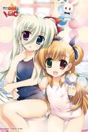 2girls art blonde_hair blush bubbles couple einhart_stratos female fujima_takuya green_hair heterochromia high_resolution lyrical_nanoha mahou_shoujo_lyrical_nanoha mahou_shoujo_lyrical_nanoha_vivid mature multiple_females official_art simple_background sitting smile swimsuit vivio yuri // 2696x4000 // 921.4KB