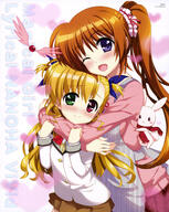 2girls apron art asymmetrical_hair blonde_hair blue_eyes brown_hair doll duo female fujima_takuya green_eyes group happy heterochromia high_resolution hug long_hair lyrical_nanoha mahou_shoujo_lyrical_nanoha mahou_shoujo_lyrical_nanoha_vivid multiple_females official_art one_eye_closed ponytail raising_heart red_eyes ribbon sacred_heart scan scarf school_uniform side_ponytail smile sweater takamachi_nanoha takamichi_vivio tied_hair twintails uniform very_high_resolution vivio wings wink // 3545x4451 // 1.9MB