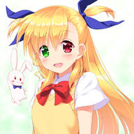 1_female blonde_hair blush bow bowtie female green_eyes hair_ribbon long_hair looking_at_viewer lyrical_nanoha mahou_shoujo_lyrical_nanoha mahou_shoujo_lyrical_nanoha_vivid open_mouth red_eyes ribbon safe shinki_(shinki59) shiny_hair stuffed_animal stuffed_bunny stuffed_toy sweater two_side_up vivio x // 1000x1000 // 723.8KB