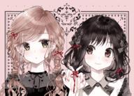 2girls bangs black_bow black_hair black_neckwear blush bow braid brown_eyes brown_hair character_name collared_shirt commentary_request danbooru danbooru-safebooru eyes_visible_through_hair female frills futaribeya gelbooru hair_bow hair_ribbon hand_up kawawa_sakurako lesbian long_hair multiple_females nail_polish neck_ribbon pale_skin pink_background pink_nails pinky_out plaid plaid_bow plaid_neckwear red_ribbon red_string ribbon safe safebooru shirt short_hair sidelocks smile string string_on_pinky twin_braids upper_body yamabuki_kasumi yukiko_(tesseract) yuri // 1193x857 // 1.6MB