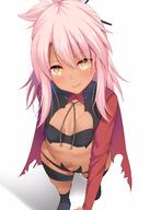 1_female black_panties breasts brown_eyes dark_skin fate fatekaleid female highres kuro_von_einzbern navel panties pink_hair ponytail sankaku_channel simple_background smile solo tied_hair underwear viewed_from_above white_background // 1001x1400 // 135.4KB