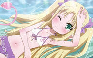 astarotte_no_omocha! astarotte_ygvar bikini blonde_hair blush ears female green_eyes hair_ribbon loli lotte_no_omocha! mature one_eye_closed pointy_ears purple_ribbon ribbon swimsuit tagme tail young // 1500x938 // 1.0MB