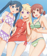10s 2d_art 3girls alternate_hairstyle alternative_hairstyle archway_of_venus ass_visible_through_thighs basue bikini blonde_hair blue_eyes blue_hair blush breasts brown_eyes brown_hair cleavage clothes_writing cloud collarbone d day fangs female gradient gradient_background group hair_bun hair_ornament hairclip hairpin happy heart high_resolution inokuma_youko i♡炎天下 i♥炎天下 jewelry kin-iro_mosaic kinmoza komichi_aya kujou_karen loli long_hair looking_at_viewer mature medium_breasts multiple_females navel open_mouth outdoors pixiv_51336766 ponytail purple_eyes questionable red_shirt ribbon safe scrunchie shirt short_hair short_ponytail side-tie_bikini sky small_breasts smile striped_bikini striped_pattern striped_swimsuit swimsuit t-shirt tachimi tachimi_(basue) tagme text_on_clothes tied_hair translated twintails very_long_hair water x_hair_ornament yande.re young きんいろモザイク きんモザ100users入り きんモザ500users入り たちみ 九条カレン 前から見えるおしり 尻神様 // 1364x1600 // 1.4MB