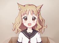 1_female animal_ears blonde_hair box brown_eyes cat_ears catgirl d ears fangs female hair_ornament hairclip high_resolution mature nanamori_school_uniform oomuro_sakurako open_mouth rikorin safe sailor_uniform school_uniform seifuku smile solo uniform yuru_yuri // 1831x1337 // 1.1MB