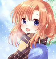 1_female blue_eyes d danbooru-safebooru female higurashi_no_naku_koro_ni maekawa_suu mature open_mouth orange_hair plaid plaid_scarf ryuuguu_rena safe safebooru scarf smile snowflakes upper_body // 500x527 // 152.2KB