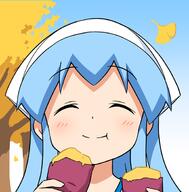 1_female ^_^ anbe_masahiro autumn blue_hair closed_mouth eating eyes_closed female food ginkgo holding ika_musume portrait reaction safe shinryaku!_ika_musume sky smile solo sweet_potato tentacle_hair vegetable yakiimo // 600x611 // 185.3KB