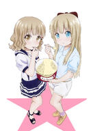 2girls blonde_hair blue_eyes bow brown_eyes brown_hair eating female food high_resolution ice_cream long_hair multiple_females nnaoki oomuro_sakurako safe short_hair shorts spoon toshinou_kyouko yuru_yuri // 879x1239 // 459.2KB
