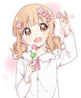 1_female alternate_hairstyle bangs blonde_hair blunt_bangs blush brown_eyes buttons cherry_blossoms collar collarbone commentary d dango dot_nose eyebrows_visible_through_hair eyelashes fangs female flower food hair_flower hair_ornament hairpin hand_up holding holding_food long_sleeves looking_up low_twintails multicolored multicolored_background namesake namori neck_ribbon oomuro_sakurako open_mouth pink_background pink_ribbon ribbon safe sanpaku sanshoku_dango shiny shiny_hair shiny_skin shirt simple_background smile solo tareme_eyes tied_hair twintails two-tone_background upper_body wagashi wavy_hair white_background white_shirt yuru_yuri なにこれかわいい ゆるゆり ヘアピン 三色団子 大室櫻子 桜の花 花より団子 // 763x913 // 460.7KB