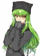 1_female alternate_costume animal_hat bag bangs beanie black_coat black_gloves black_hat black_mittens blurry blush c.c. cat_hat coat code_geass creayus depth_of_field eyebrows_visible_through_hair female gloves green_hair hair_between_eyes hat headwear long_hair long_sleeves looking_at_viewer mittens safe shiny shiny_hair simple_background solo straight_hair sweater tsurime upper_body very_long_hair white_background yellow_eyes // 650x903 // 76.9KB