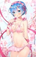 10s 1_female ayamy ayamy_a bare_shoulders barefoot bikini blue_eyes blue_hair blush breasts cherry_blossoms cleavage collar collarbone eyes_closed feet female flower hair_clip hair_ornament hair_ribbon hairclip implied_nopan large_breasts looking_at_viewer navel o open_mouth outdoors red_ribbon rem ribbon safe shiny_skin short_hair side-tie_bikini solo standing swimsuit thighs wings zero_kara_hajimeru_isekai_seikatsu // 900x1422 // 1.2MB