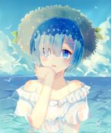 animal asymmetrical_bangs bangs bird blue_eyes blue_hair cloud dress female hat high_resolution iceblue ocean one_eye_covered outdoors peek-a-boo_bang rem rem_(zero) safe short_hair side_bangs sky solo straw_hat water wet white_dress zero_kara_hajimeru_isekai_seikatsu // 1800x2153 // 3.0MB