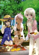 3girls absurd_resolution alternate_hairstyle art barbecue bikini bikini_under_clothes casual chloe_von_einzbern danbooru dark_skin eating eyes_closed fate fatekaleid fatekaleid_liner_prisma_illya female food hair_clip hair_ornament hairclip hat headwear hiroyama_hiroshi illyasviel_von_einzbern jacket kuro_von_einzbern miyu_edelfelt multiple_females official_art pink_hair plate red_eyes safe scrunchie small_breasts source_request straw_hat swimsuit white_hair // 3813x5329 // 2.1MB