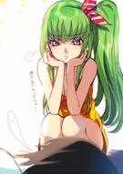 1_female 1_male asymmetrical_hair bangs bare_shoulders blush breasts c.c. chin_rest cleavage code_geass creayus eyebrows_visible_through_hair female frown giving_up_the_ghost green_hair hair_tie lelouch_lamperouge long_hair looking_at_another male mature medium_breasts ponytail pouty_lips safe shirt side_ponytail simple_background sleeveless_outfit squatting tied_hair translation_request very_long_hair white_background yellow_eyes // 600x852 // 369.8KB