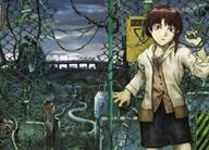 1_female 90s abe_yoshitoshi against_fence asymmetrical_hair brown_eyes brown_hair cable chain-link_fence female fence filtering hair_ornament hairclip high_resolution highres iwakura_lain outdoors safe serial_experiments_lain short_hair sign skirt sky solo // 2000x1434 // 944.3KB
