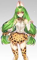 1_female animal_ears animal_print artist_name bare_shoulders bow bowtie breasts c.c. code_geass cosplay creayus crossover ears elbow_gloves female gloves gradient gradient_background green_hair hair_tie kemono_friends long_hair looking_at_viewer medium_breasts open_mouth paw_pose ribbon safe serval_(kemono_friends) serval_(kemono_friends)_(cosplay) serval_ears serval_print serval_tail shirt simple_background skindentation skirt sleeveless_outfit solo stormoon tail thigh-highs twitter_username yellow_eyes // 600x971 // 494.3KB