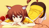 1girl animal_ears ass brown_hair ears female kawagishi_keitarou kawakami_kazuko maji_de_watashi_ni_koi_shinasai! smile socks solo spats tail top-down_bottom-up yellow_eyes // 600x350 // 188.3KB
