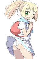 1_female ass backpack bag blonde_hair braid female from_side green_eyes holding_strap lillie_(pokemon) long_hair looking_back naitou_kouse nintendo one_eye_closed open_mouth panties pokemon pokémon pokémon_sun_&_moon ponytail shirt skirt smile solo tied_hair underwear white_panties white_shirt white_skirt wind wind_lift // 600x800 // 258.8KB