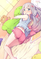 10s 1_female artist_name ass bare_arms bed blue_eyes blush book bow eromanga_sensei eyebrows_visible_through_hair female gradient_hair izumi_sagiri long_hair looking_at_viewer nape pink_bow pink_hair stuffed_octopus wavy_mouth // 707x1000 // 220.9KB