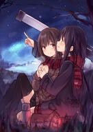 2girls black_hair blush boots breath brown_hair d female footwear hug kyuri long_hair multiple_females night night_sky open_mouth original profile scarf short_hair sitting sky smile sweater yuri // 848x1200 // 1.0MB