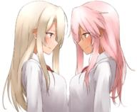 2girls blonde_hair blush bow bowtie breasts brown_eyes chloe_von_einzbern closed_mouth dark-skinned_female dark_skin eye_contact fate fatekaleid fatekaleid_liner_prisma_illya female female_only from_side hechi_(hechi322) hechi_zou illyasviel_von_einzbern in_profile kuro_von_einzbern long_hair long_sleeves looking_at_another mature medium_breasts multiple_females orange_eyes pink_hair profile red_eyes red_neckwear shirt simple_background smile upper_body white_background white_shirt yuri // 1214x1000 // 796.9KB