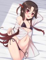 10s 1_female alfort alfort_(may0508) atfbooru.ninja bangs bikini black_bikini black_swimsuit blush bow breasts brown_hair collarbone contentious_content eyebrows eyebrows_visible_through_hair fangs female female_only gelbooru gradient_hair hair_bow hair_ornament high_resolution highres lolibooru lolibooru.moe long_hair long_sleeves looking_at_viewer lying multicolored_hair navel nipples on_side open_clothes open_mouth open_shirt red_bow_ornament red_eyes red_hair ryuuou_no_oshigoto! shirt side-tie_bikini small_breasts smile solo stomach string_bikini swimsuit untying white_shirt yashajin_ai へそ りゅうおうのおしごと!1000users入り 仰臥 脱ぎかけ // 1200x1557 // 1.1MB