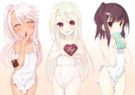 3girls apron arm_behind_back asymmetrical_bangs bangs bare_arms bare_shoulders beige_background blunt_bangs blush box brown_eyes brown_hair brown_skin character_name chloe_von_einzbern chocolate chocolate_heart chocolate_on_fingers closed_mouth collarbone commentary_request contentious_content covered_mouth cowboy_shot d dark-skinned_female dark_skin eyebrows_visible_through_hair fate fatekaleid fatekaleid_liner_prisma_illya female female_only finger_licking frilled_apron frills gift gift_box gradient gradient_background hair_between_eyes hair_ornament heart heart-shaped_pupils heart_hair_ornament high_ponytail holding holding_gift illyasviel_von_einzbern kuro_von_einzbern licking loli lolibooru.moe long_hair looking_at_viewer mature miyu_edelfelt multiple_females naked_apron one_side_up open_mouth p_answer ponytail safe silver_hair simple_background smile strap_slip symbol-shaped_pupils tied_hair tongue tongue_out valentine very_long_hair white_apron white_background young // 1457x1032 // 1.0MB