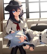 10s 2girls akatsuki_(kantai_collection) anchor_symbol animal_ears anthropomorphism aqua_eyes black_hair black_legwear black_skirt blue_eyes blue_hair cat_ears couch ears female finger_to_mouth flat_cap hand_on_another's_head haribote_(tarao) hat headwear hibiki_(kantai_collection) hizamakura kantai_collection kemonomimi_mode lap_pillow long_hair long_sleeves looking_at_viewer mature multiple_females neckerchief nekomimi no_hat no_headwear one_eye_closed pantyhose pleated_skirt purple_eyes purple_hair red_neckwear sailor_collar sailor_uniform school_uniform shushing skirt sleeping sleeves_past_wrists smile tarao uniform verniy_(kantai_collection) violet_eyes window_shade wink ヴェールイヌ 暁 暁響 // 900x1035 // 804.4KB