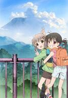 2girls arm_around_waist art backpack blush cloud female footwear from_behind green_eyes hair_clip hair_ornament highres jacket looking_at_viewer looking_back matsuo_yuusuke mountain multiple_females official_art open_mouth outdoors purple_eyes railing safe shirt shoes shorts sky sleeveless_outfit standing standing_on_one_leg tied_hair tree twintails v yama_no_susume // 1280x1840 // 266.8KB