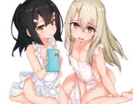 2girls apron ass barefoot black_hair blonde_hair box breasts brown_eyes cleavage fate fatekaleid fatekaleid_liner_prisma_illya female gift gift_box high_resolution highres illyasviel_von_einzbern kafuu_kaya loli long_hair looking_at_viewer miyu_edelfelt multiple_females naked_apron tagme_(artist) white yellow_eyes young // 2567x2023 // 3.1MB