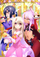 10s 3girls absurdres archer archer_(cosplay) black_underwear blush bodysuit brown_eyes brown_skin cake chloe_von_einzbern cosplay danbooru dress fate fatekaleid fatekaleid_liner_prisma_illya fatestay_night fate_(series) feathers female food gloves group hair_ornament hairpin illyasviel_von_einzbern jacket jewelry kuro_von_einzbern lolibooru lolibooru.moe magical_girl miyu_edelfelt multiple_females orange_eyes pie prisma_illya purple_legwear short_hair tattoo tied_hair underwear ushijima_nozomi very_high_resolution white_ribbon // 2865x4099 // 2.1MB