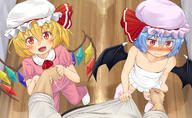 1_male 2girls blonde_hair blue_hair blush child closed_mouth clothed clothed_male clothing collarbone contentious_content d fangs_out female flandre_scarlet flat_chest granblue_fantasy happy hat jpeg_artifacts kitsunerider lingerie loli looking_at_viewer male male_point_of_view multiple_females navel nipples nude open_mouth point_of_view point_of_view_eye_contact red_eyes remilia_scarlet short_hair smile thigh-highs top_pull touhou undead underwear vampire vampy wings young // 2432x1500 // 710.4KB
