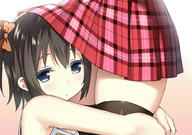 2girls armpit_crease bare_arms bare_shoulders black_hair black_legwear blue_eyes blush borrowed_character bow camisole female hair_bow head_under_skirt hug kurumi_(kantoku) looking_at_viewer multiple_females original plaid plaid_skirt short_hair skindentation skirt sky_(freedom) sky_(sky-freedom) thigh-highs yuri zettai_ryouiki // 1000x705 // 237.6KB
