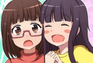 2_females black_hair blush brown_eyes brown_hair eyewear fang fangs female glasses loli long_hair multiple_females original safe servachok short_hair young // 1280x865 // 679.4KB