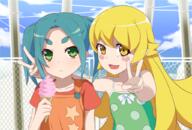 10s 2girls aqua_hair blonde_hair blue_sky blush_stickers cloud collarbone day double_v dress ears eyebrows fangs female flat_chest food green_eyes ice_cream ice_cream_cone lolibooru.moe long_hair looking_at_viewer mature monogatari multiple_females nisemonogatari ononoki_yotsugi open_mouth oshino_shinobu outdoors pointy_ears safe servachok shirt short_hair sky sleeveless_dress sleeveless_outfit smile t-shirt thick_eyebrows tied_hair tsukimonogatari twintails upper_body v yellow_eyes // 1024x692 // 557.8KB
