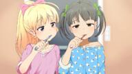 2girls bathroom black_hair blonde_hair blue_pajamas blurry blurry_background blush bow brushing_teeth collarbone depth_of_field female green_bow hair_bow half-closed_eyes indoors loli lolibooru.moe long_hair looking_at_another looking_at_viewer mature multiple_females original pajamas pink_bow pink_pajamas ponytail russian_commentary safe servachok sheep_print short_hair sleepy tied_hair toothbrush twintails upper_body // 1280x720 // 637.4KB