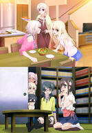 10s 3girls 5_females absurdres apron art black_apron brown_bow chloe_von_einzbern eyewear fangs fate fatekaleid fatekaleid_liner_prisma_illya fatekaleid_liner_prisma_☆_illya_2wei_herz! fatestay_night feet female fujoshi hand_over_own_mouth heart heart-shaped_pupils illyasviel_von_einzbern katsura_mimi kurihara_suzuka kurihara_suzuka_(fatekaleid_liner) kuro_von_einzbern leysritt lolibooru.moe miyu_edelfelt multiple_females no_shoes official_art red_shirt scan sella shirt steepled_fingers symbol-shaped_pupils tied_hair very_high_resolution wavy_mouth yellow_shirt // 2867x4094 // 1.4MB