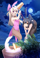 2_females absurdres animal_ears art bunny_girl cleavage creator fate fatekaleid fatekaleid_liner_prisma_illya fatestay_night female fishnet fishnet_legwear fishnets footwear hair_ornament heels illyasviel_von_einzbern kine leotard miyu_edelfelt multiple_females no_bra official_art pantyhose questionable tail very_high_resolution wrist_cuffs // 2869x4100 // 1.2MB