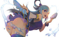 10s 1_female aqua aqua_(konosuba) aqua_hair ass bare_shoulders blue_eyes blue_hair breasts convenient_censoring detached_sleeves fan female female_only folding_fan from_behind hair_ornament hair_rings kono_subarashii_sekai_ni_shukufuku_wo! konosuba leaning leaning_forward long_hair looking_at_viewer looking_back no_panties open_mouth simple_background skirt smile solo thigh-highs tienao very_long_hair water white_background // 1600x1000 // 659.6KB